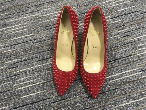 Christian Louboutin Escarpins Pigalle Spikes 100mm Veau Velours Rouge – Image 3