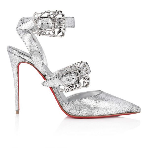 Christian Louboutin Giddylina 100 mm Escarpins à Brides Cuir Laminé Manoir Argent – Image 3