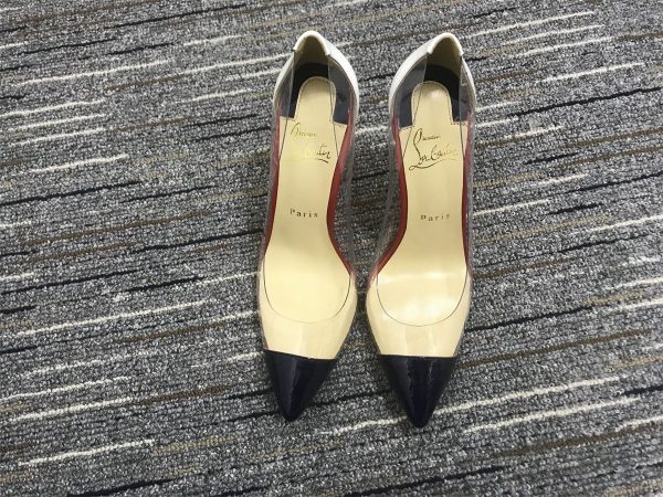 Christian Louboutin Debout Escarpins 100 mm Cuir Verni et PVC Noir Blanc – Image 2