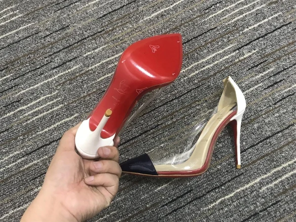 Christian Louboutin Debout Escarpins 100 mm Cuir Verni et PVC Noir Blanc – Image 3