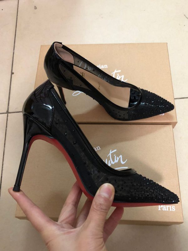 Christian Louboutin Escarpins Follies Strass Filet et Cuir Verni Noir – Image 3