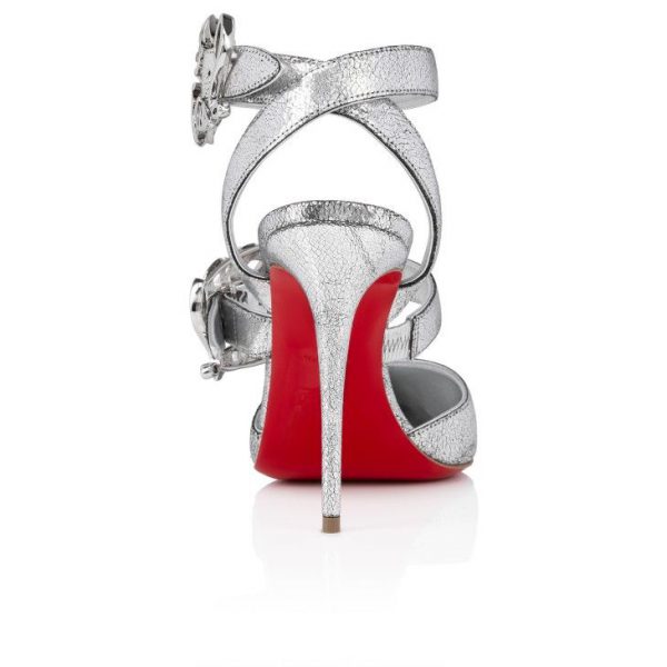 Christian Louboutin Giddylina 100 mm Escarpins à Brides Cuir Laminé Manoir Argent – Image 4