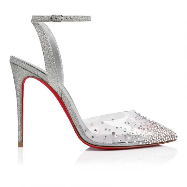 Christian Louboutin Spikaqueen 100 mm Escarpins PVC Cuir de Veau et Strass Argent – Image 4