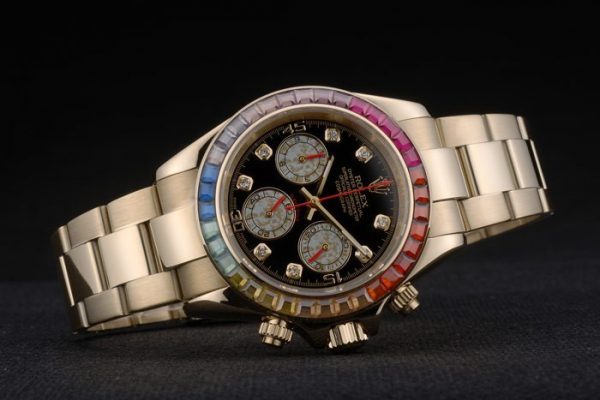 Rolex Daytona Cosmograph Lunette Arc-en-ciel Cristaux Bracelet Or Rose Cadran Noir 80251 – Image 7