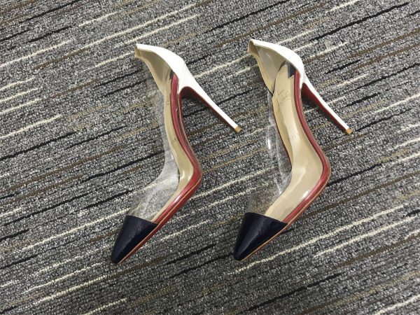 Christian Louboutin Debout Escarpins 100 mm Cuir Verni et PVC Noir Blanc – Image 4