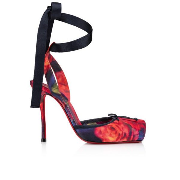 Christian Louboutin Cassia Lace Up 100 mm Escarpins à Brides Satin Crêpe Imprimé Roses Multicolore – Image 2