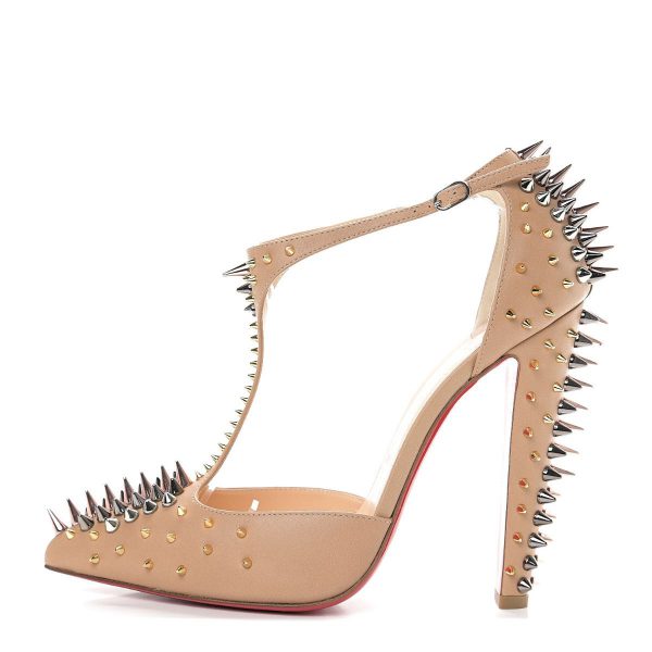 Christian Louboutin Goldostrap Spikes Escarpins 100 mm Cuir Nappa Nude – Image 2