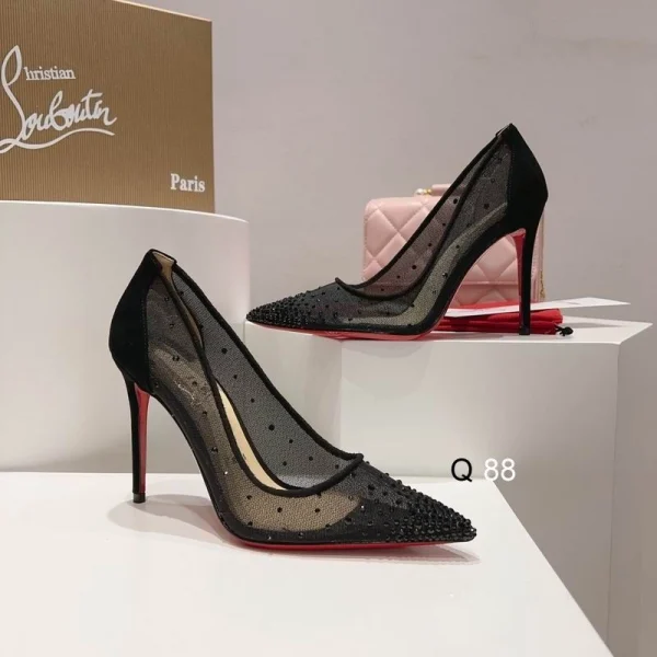 Christian Louboutin Escarpins Follies Strass Filet et Veau Velours Noir – Image 2