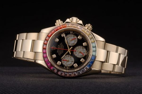 Rolex Daytona Cosmograph Lunette Arc-en-ciel Cristaux Bracelet Or Rose Cadran Noir 80251 – Image 6