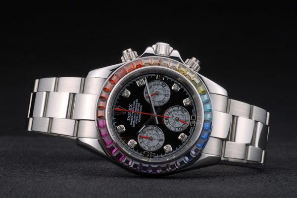 Rolex Daytona Cosmograph Lunette Cristaux Arc-en-ciel Bracelet Acier Steep Cadran Noir 80250 – Image 6