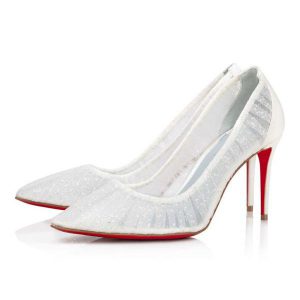 Christian Louboutin Escarpins Kate Draperia 85 mm Blanc-argenté/ivoire/lin Filet Bleu
