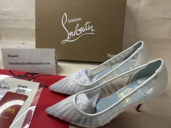 Christian Louboutin Escarpins Kate Draperia 85 mm Blanc-argenté/ivoire/lin Filet Bleu – Image 6