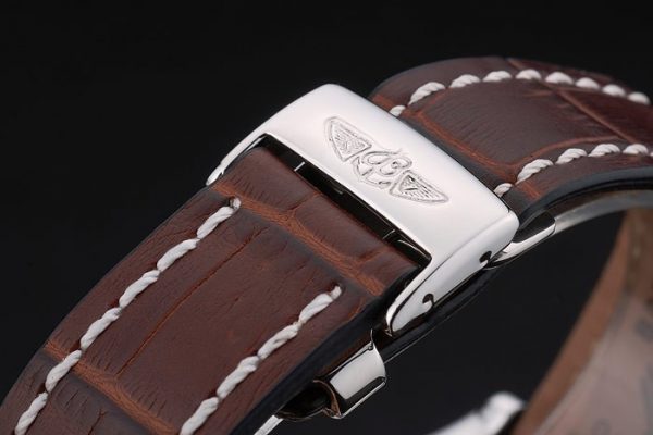 Certifiée Acier Inoxydable Lunette Acier Marron Bracelet Cuir Cadran Blanc 80285 – Image 6