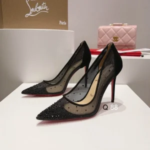 Christian Louboutin Escarpins Follies Strass Filet et Veau Velours Noir