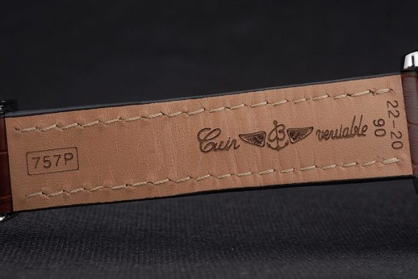 Certifiée Acier Inoxydable Lunette Acier Marron Bracelet Cuir Cadran Blanc 80285 – Image 4