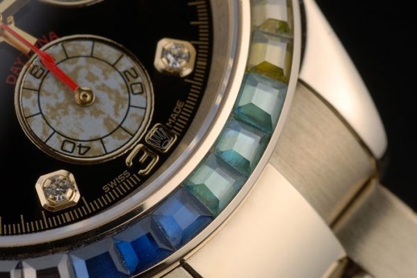 Rolex Daytona Cosmograph Lunette Arc-en-ciel Cristaux Bracelet Or Rose Cadran Noir 80251 – Image 10