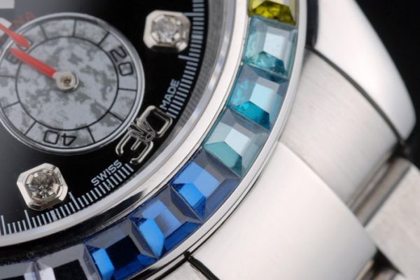 Rolex Daytona Cosmograph Lunette Cristaux Arc-en-ciel Bracelet Acier Steep Cadran Noir 80250 – Image 10