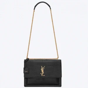 Sac Saint Laurent Sunset Medium à Chaîne en Cuir Noir Embossé Crocodile