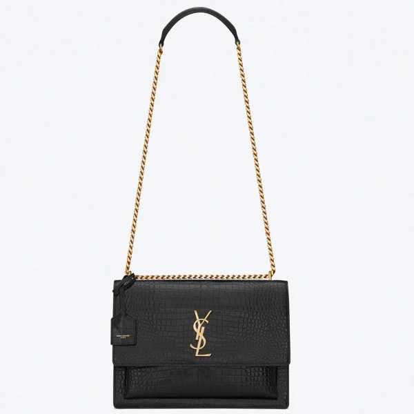 Sac Saint Laurent Sunset Medium à Chaîne en Cuir Noir Embossé Crocodile