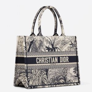 Fausse Sac Dior Book Tote Medium en broderie Palmiers Toile de Jouy bleue