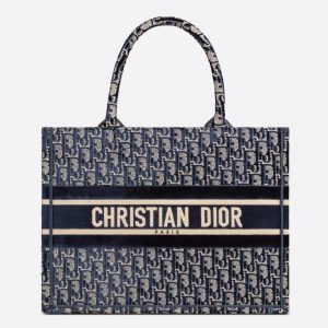 Contrefaçon Sac Dior Book Tote Medium en broderie Oblique en velours bleu