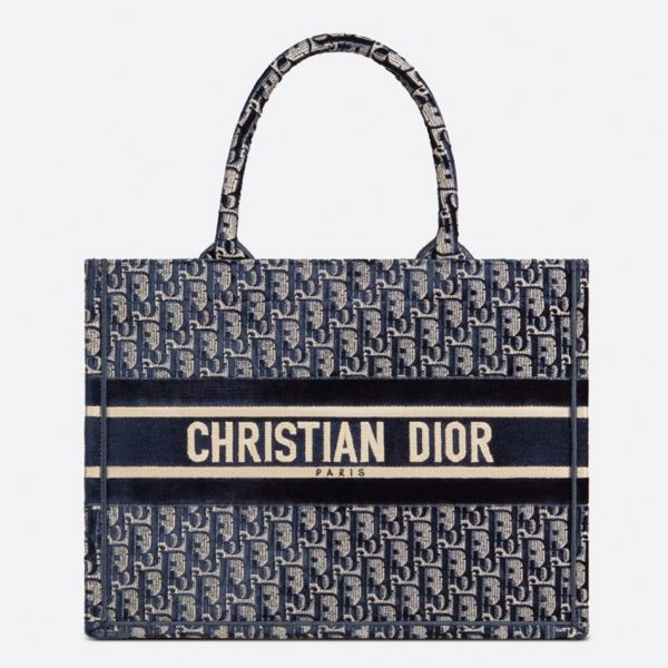 Contrefaçon Sac Dior Book Tote Medium en broderie Oblique en velours bleu