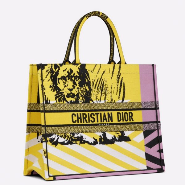 Faux Sac Dior Book Tote Large en broderie D-Jungle Pop jaune