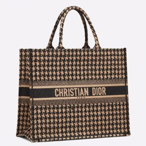 Réplique Sac Dior Book Tote Large en toile Pied-de-poule beige brodée