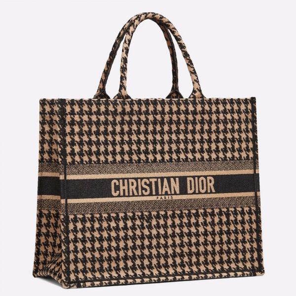 Réplique Sac Dior Book Tote Large en toile Pied-de-poule beige brodée