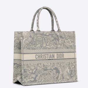 Contrefaçon Sac Dior Book Tote Large en broderie Toile de Jouy inversée grise