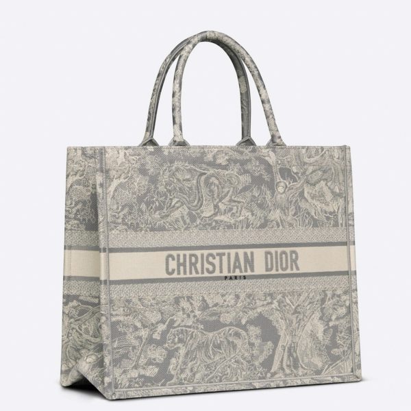 Contrefaçon Sac Dior Book Tote Large en broderie Toile de Jouy inversée grise