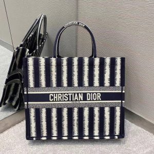 Réplique Sac Dior Book Tote Large en broderie rayures bleue