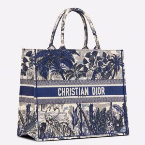 Réplique Sac Dior Book Tote Large en broderie Palmier Toile de Jouy bleue