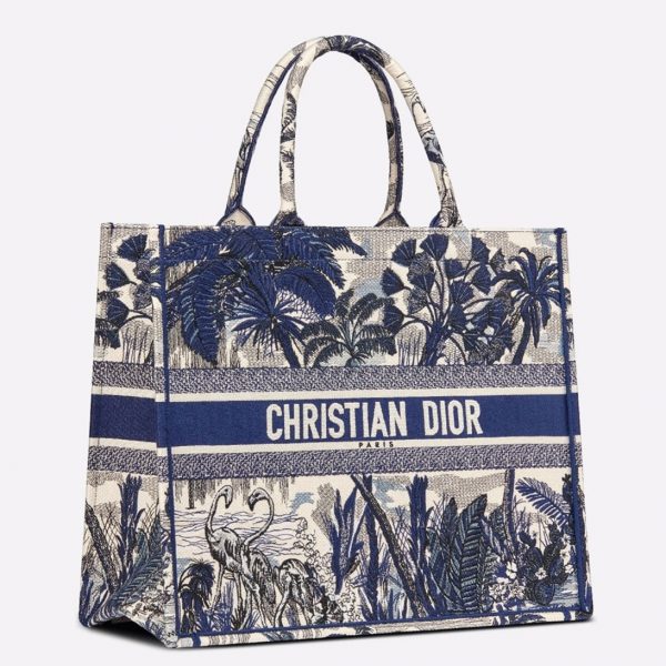 Réplique Sac Dior Book Tote Large en broderie Palmier Toile de Jouy bleue