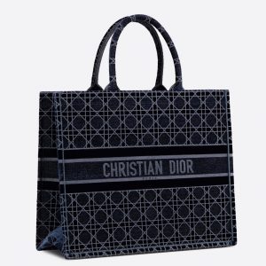 Contrefaçon Sac Dior Book Tote Large en velours brodé Cannage bleu