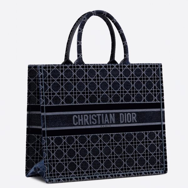 Contrefaçon Sac Dior Book Tote Large en velours brodé Cannage bleu
