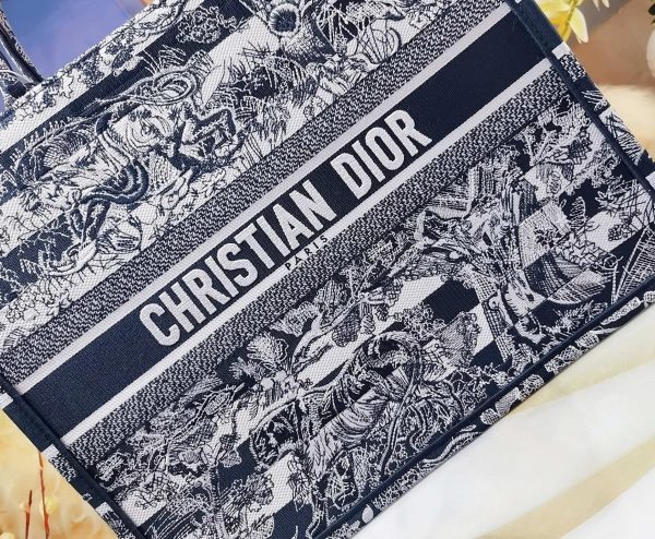 Fausse Sac Dior Book Tote Large en broderie rayée bleue Toile de Jouy – Image 9