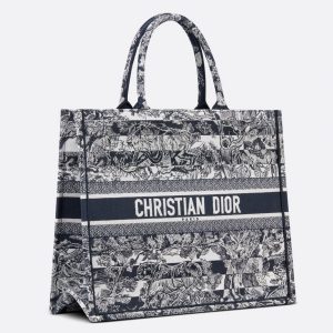 Fausse Sac Dior Book Tote Large en broderie rayée bleue Toile de Jouy