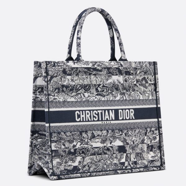 Fausse Sac Dior Book Tote Large en broderie rayée bleue Toile de Jouy