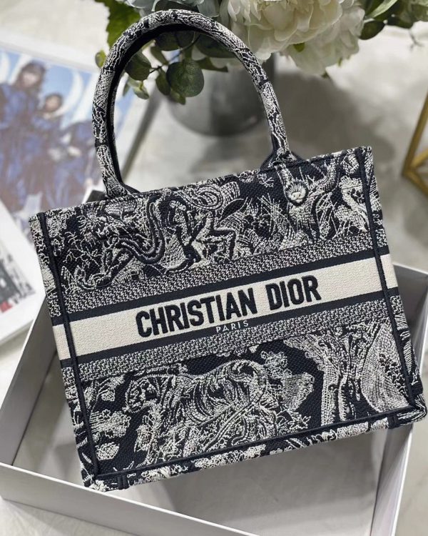 Contrefaçon Petit Sac Dior Book Tote en bleu Toile de Jouy inversée – Image 3