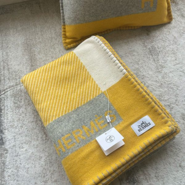 Réplique Couverture H Riviera Hermès Jaune Laine et Cachemire – Image 4