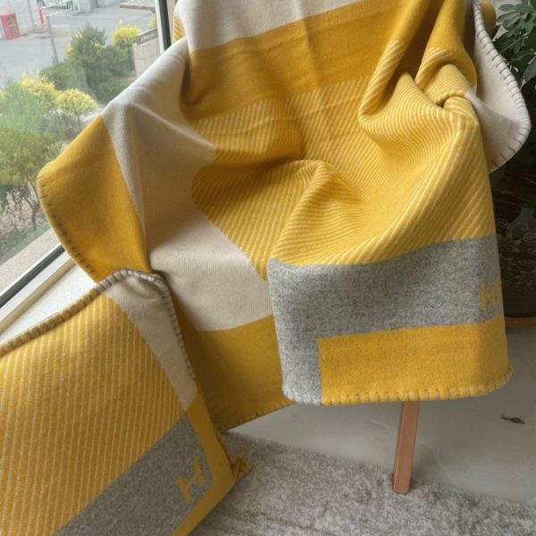 Réplique Couverture H Riviera Hermès Jaune Laine et Cachemire – Image 7