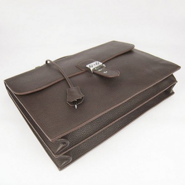 Contrefaçon Sacoche Hermès Sac A Depeches 38cm Chocolat en Cuir de Veau – Image 2