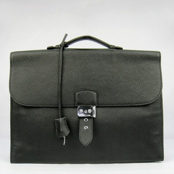 Réplique Sacoche Hermès Sac A Depeches 38cm Noire en Cuir de Veau