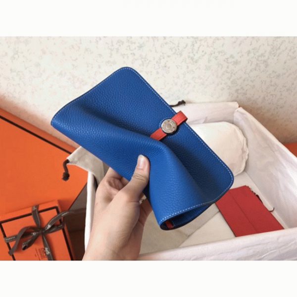 Faux Portefeuille Dogon Duo Hermès Cuir Bleu/Piment – Image 8