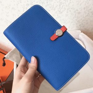 Faux Portefeuille Dogon Duo Hermès Cuir Bleu/Piment