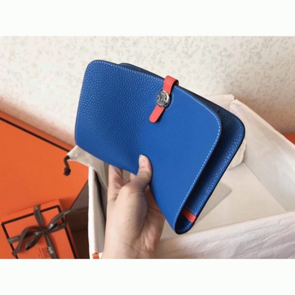 Faux Portefeuille Dogon Duo Hermès Cuir Bleu/Piment – Image 5