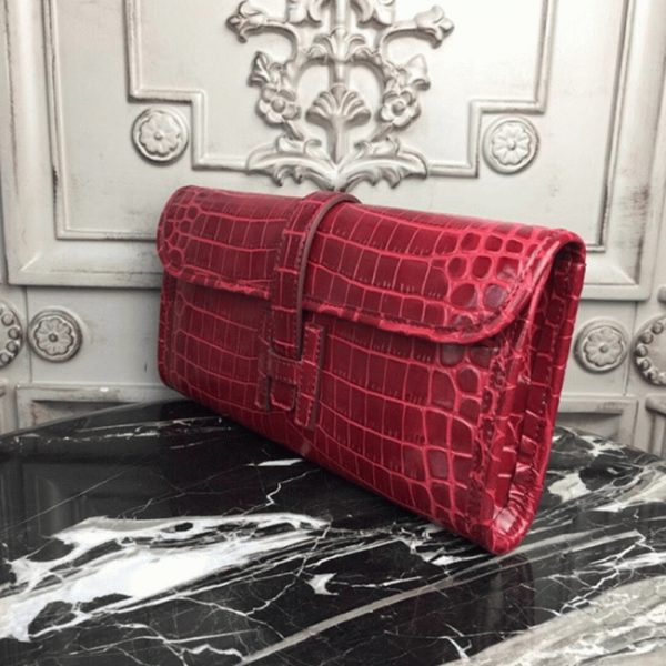 Top Réplique de Luxe Hermès Jige Elan Pochette Cuir Crocodile Rouge Foncé – Image 7