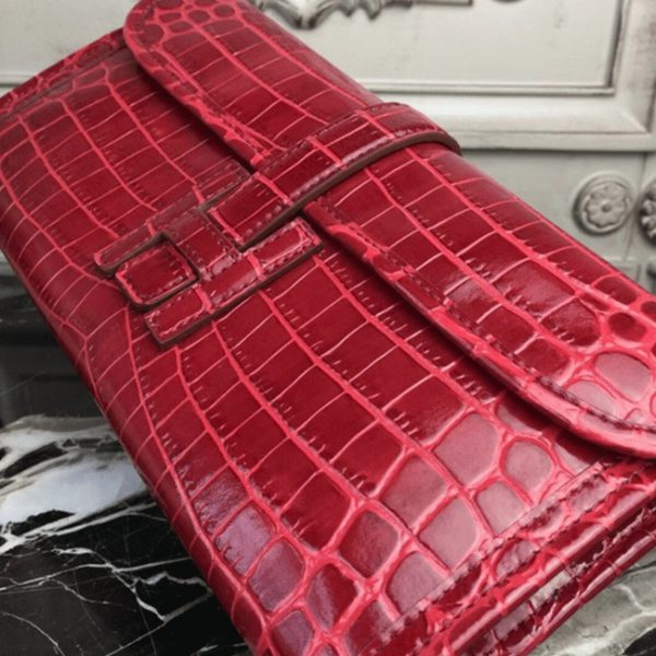 Top Réplique de Luxe Hermès Jige Elan Pochette Cuir Crocodile Rouge Foncé – Image 4