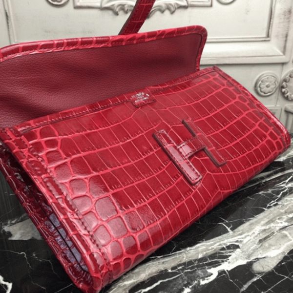 Top Réplique de Luxe Hermès Jige Elan Pochette Cuir Crocodile Rouge Foncé – Image 2